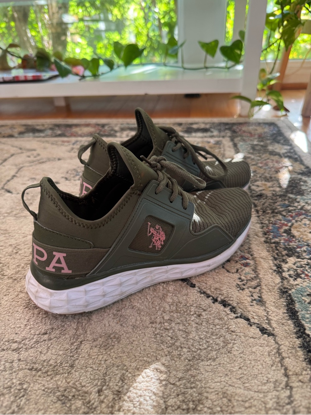 U.S. Polo Assn. Olive Green Knit Sneakers with Pink Logo